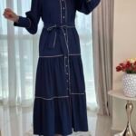 فستان كحلي خط بيج